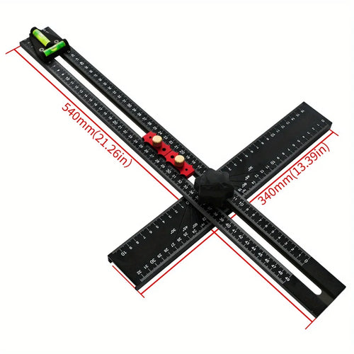 Black adjustable angle square ruler with red sliding stops and engraved measurement scales