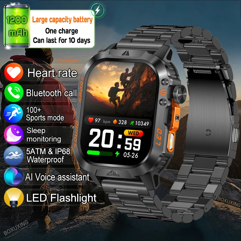 New 1200 mAh Battery Rugged Military Smartwatch Men 5ATM Waterproof Fitness Tracker Health Monitor 100+Sports Call Smart Watches