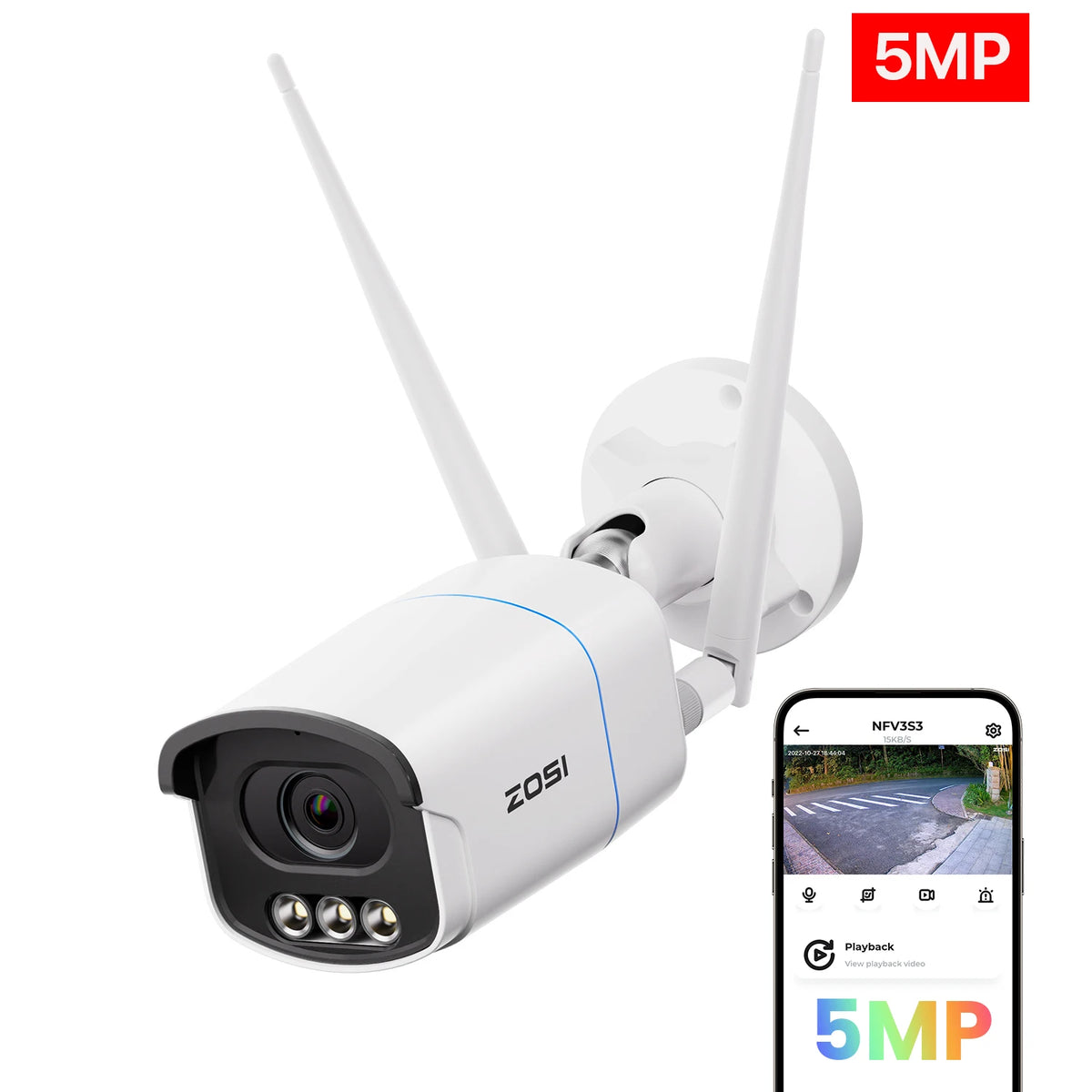 ZOSI WiFi security camera with dual antennas, front lens array, and 5MP smartphone app preview