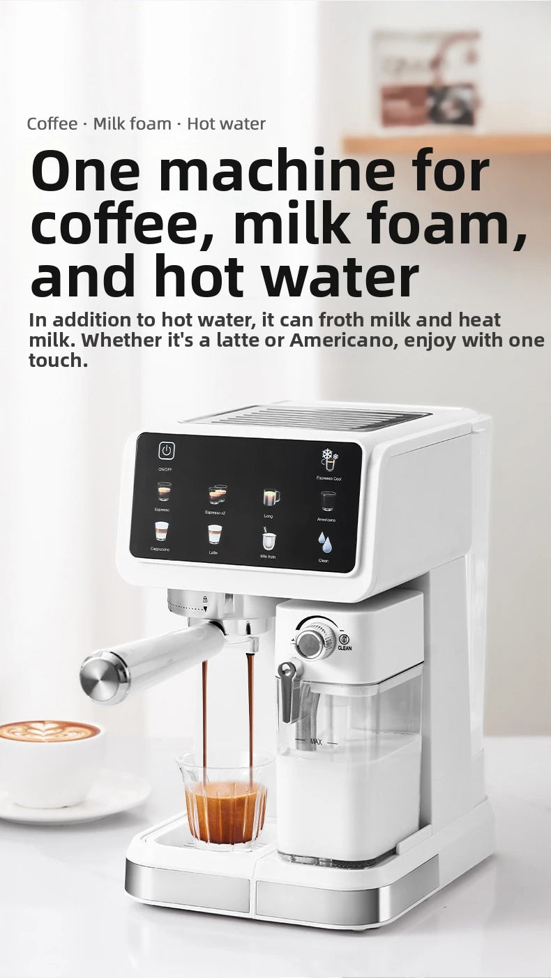 Modern white espresso machine with milk frother, touchscreen display, and silver accents for coffee and lattes.