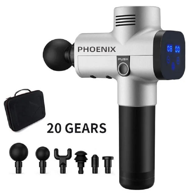 Silver and black handheld muscle massage gun with digital display, 20 speed settings, 6 massage heads, and carry case.