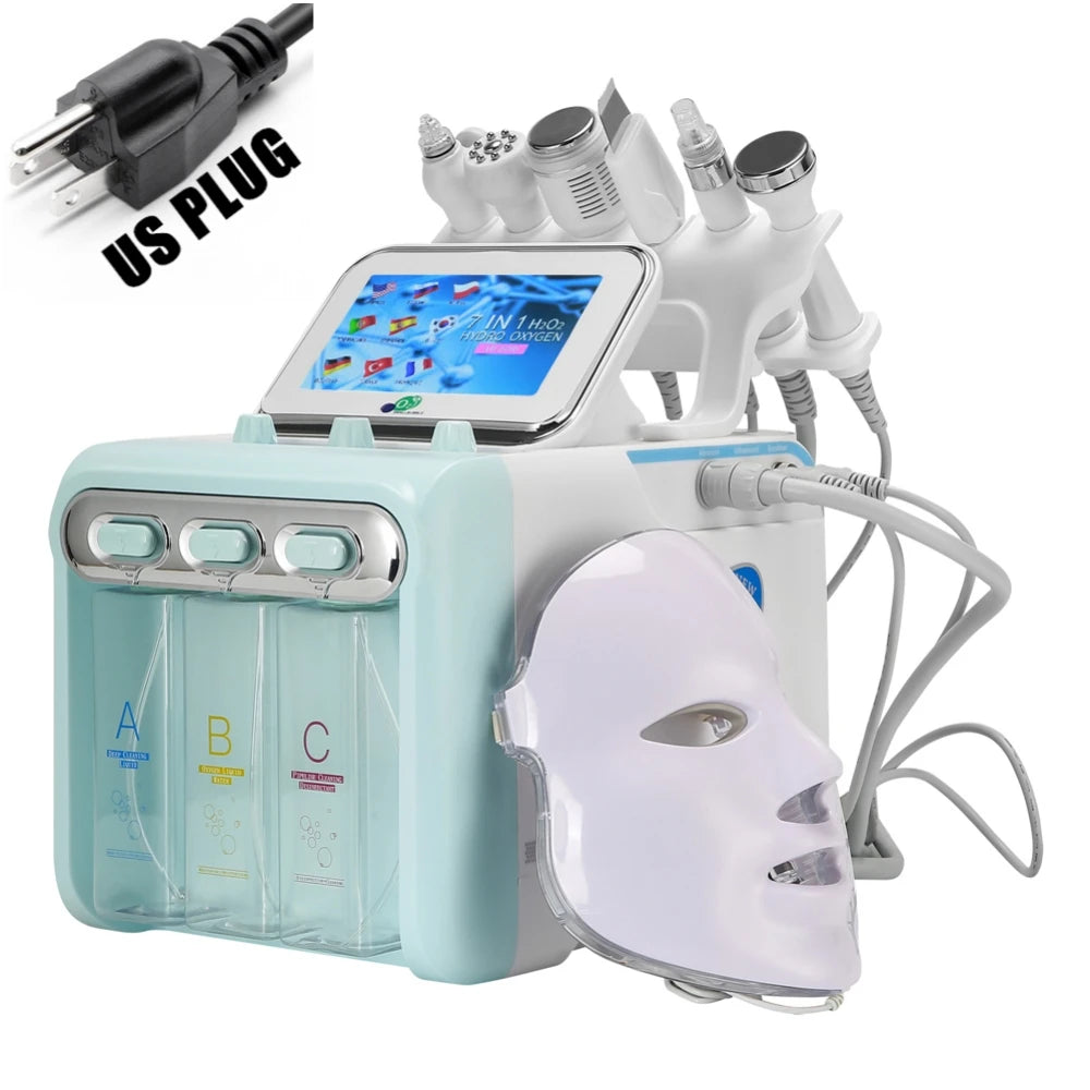 7-in-1 facial skin care machine with blue and white console, three liquid solution bottles, and a LED light therapy