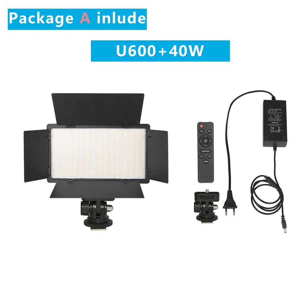 U600 LED video light panel with barn doors, remote control, and power adapter for photography and videography lighting.