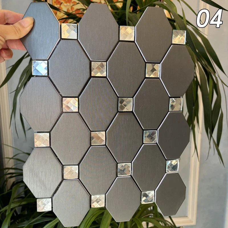Hexagon peel-and-stick wall tile mosaic, blue-gray tiles with silver mirrored insets