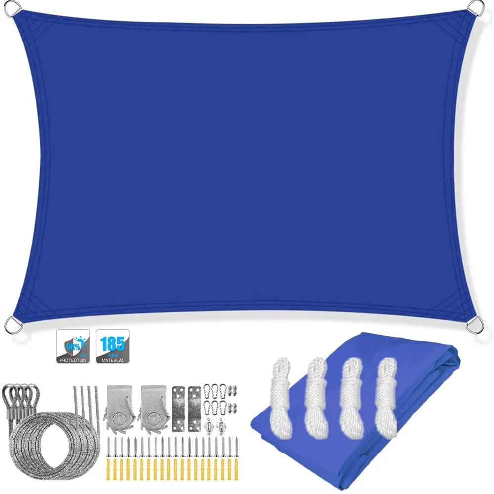 Rectangular waterproof shade sail canopy with corner grommets, royal blue; folded section shown.