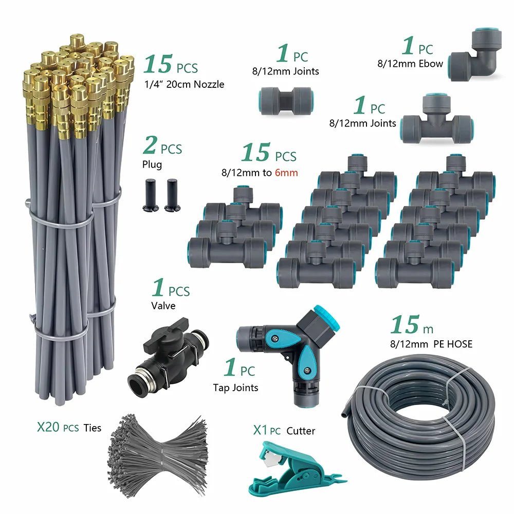 Flexible PE irrigation nozzle set with gray connectors, 15 m hose coil, and tap parts