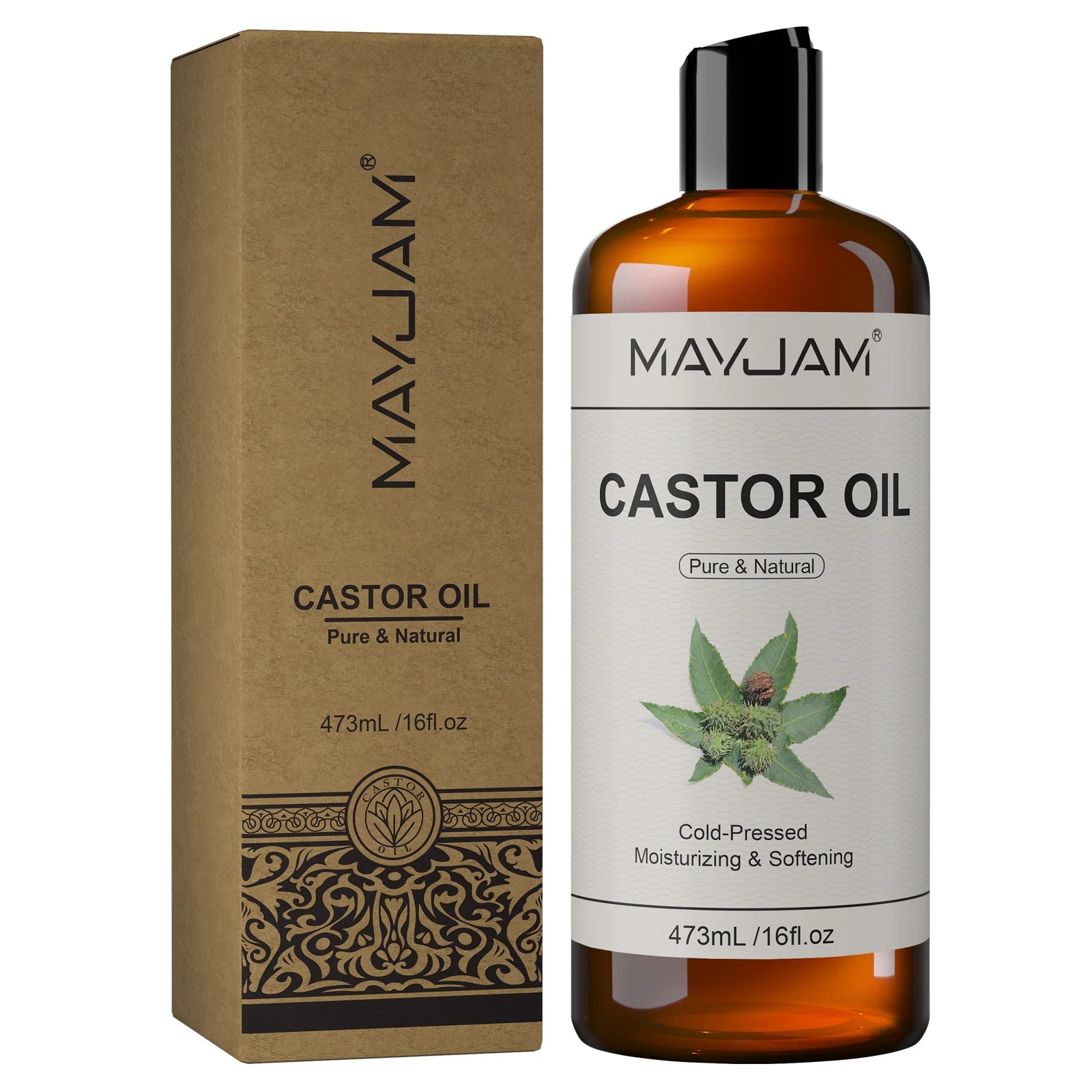 MAYJAM castor oil bottle and kraft box, 473 mL, cold-pressed moisturizing oil