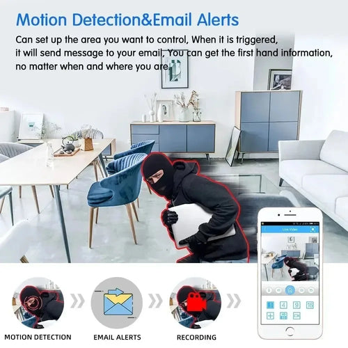 White triple WiFi security camera system shown with smartphone app for alerts