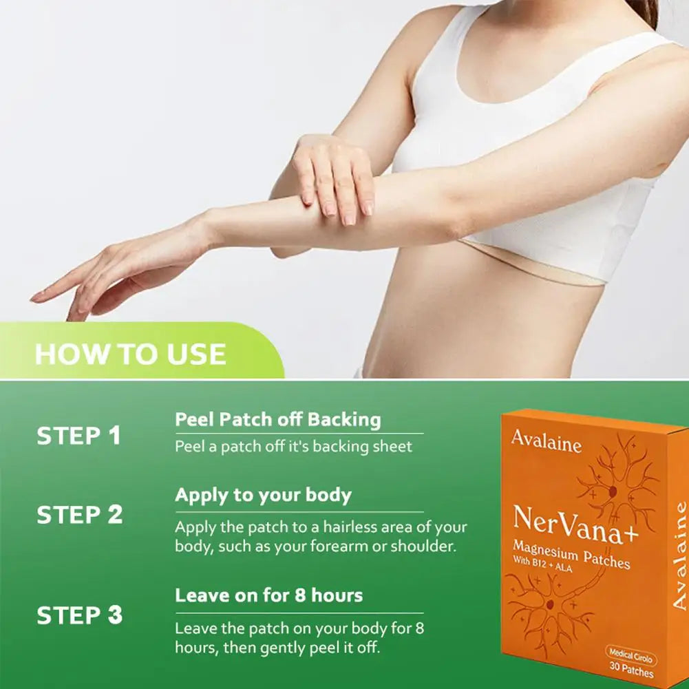 30pcs Avalaine NerVana+ Magnesium Patches with B12 & ALA – Natural Relaxation & Muscle Repair for Sensitive Skin
