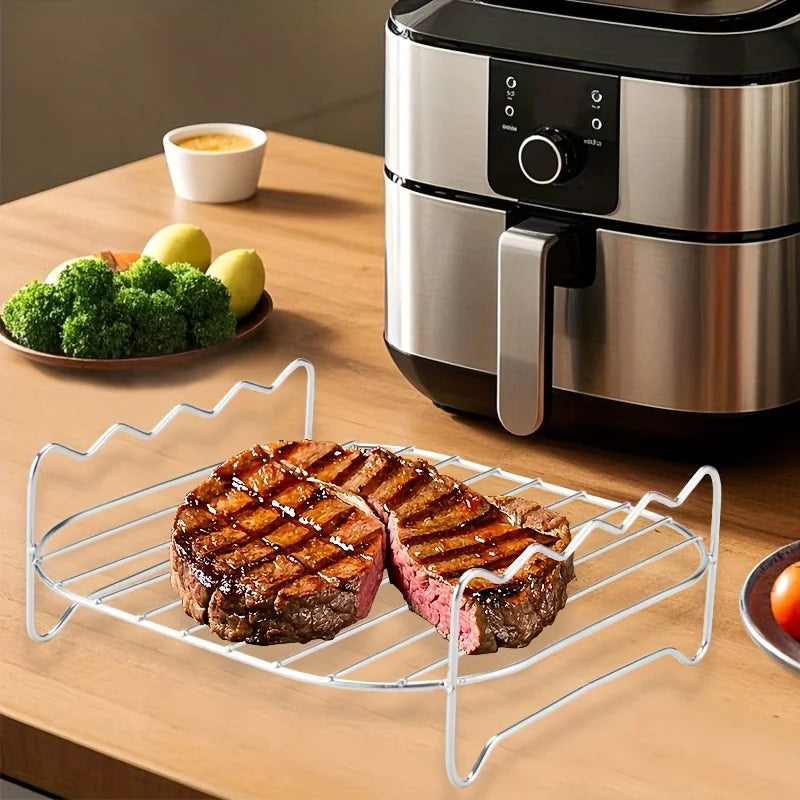 1 PC Air Fryer Rack with 4 Skewers, 1 Set Grill and Steam Rack. Suitable for baking and grilling in small ovens.
