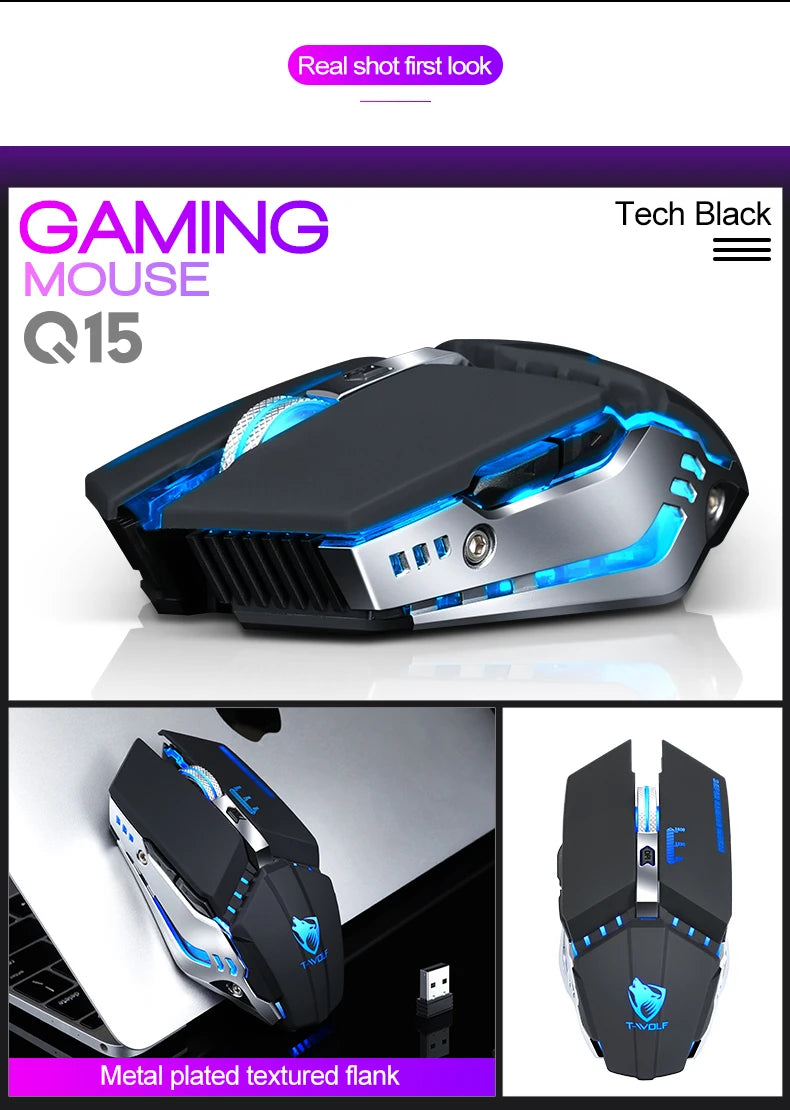 T-WOLF Thunderwolf Q15 Rechargeable Wireless Mouse RGB Glow Game Office Silent Laptop 2.4g Rechargeable Wireless Mouse