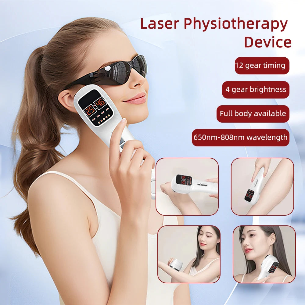 White handheld laser therapy device with digital display, shown being used on the face, arm, and hand.