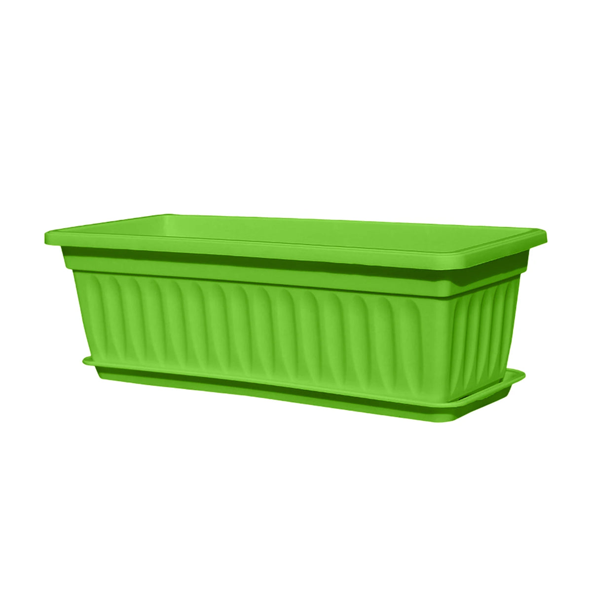Green rectangular plastic planter pot with ribbed sides and wide lip.