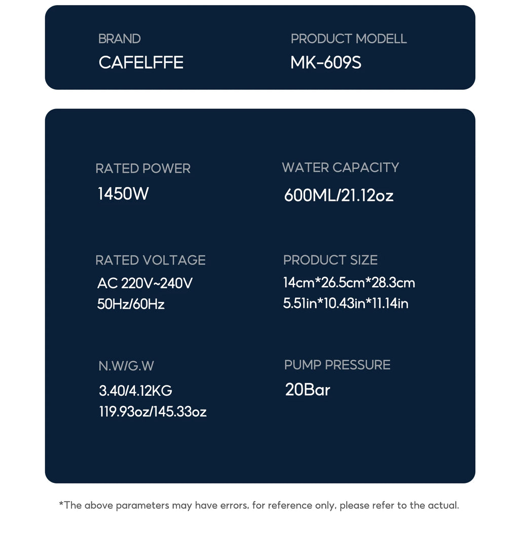 Cafelffe MK-609S 20-bar espresso machine specs: 1450W power, 600ml water capacity, and compact 5.5-inch width design.