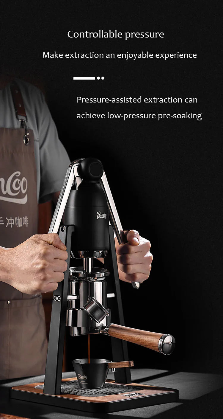 Bincoo manual lever espresso maker, black metal frame with wooden handle, pressure-assisted coffee brewing machine.