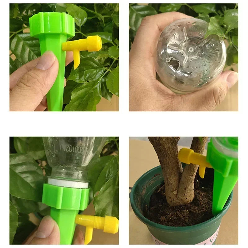 Green drip irrigation stake shown in use: assembly and watering in a plant pot