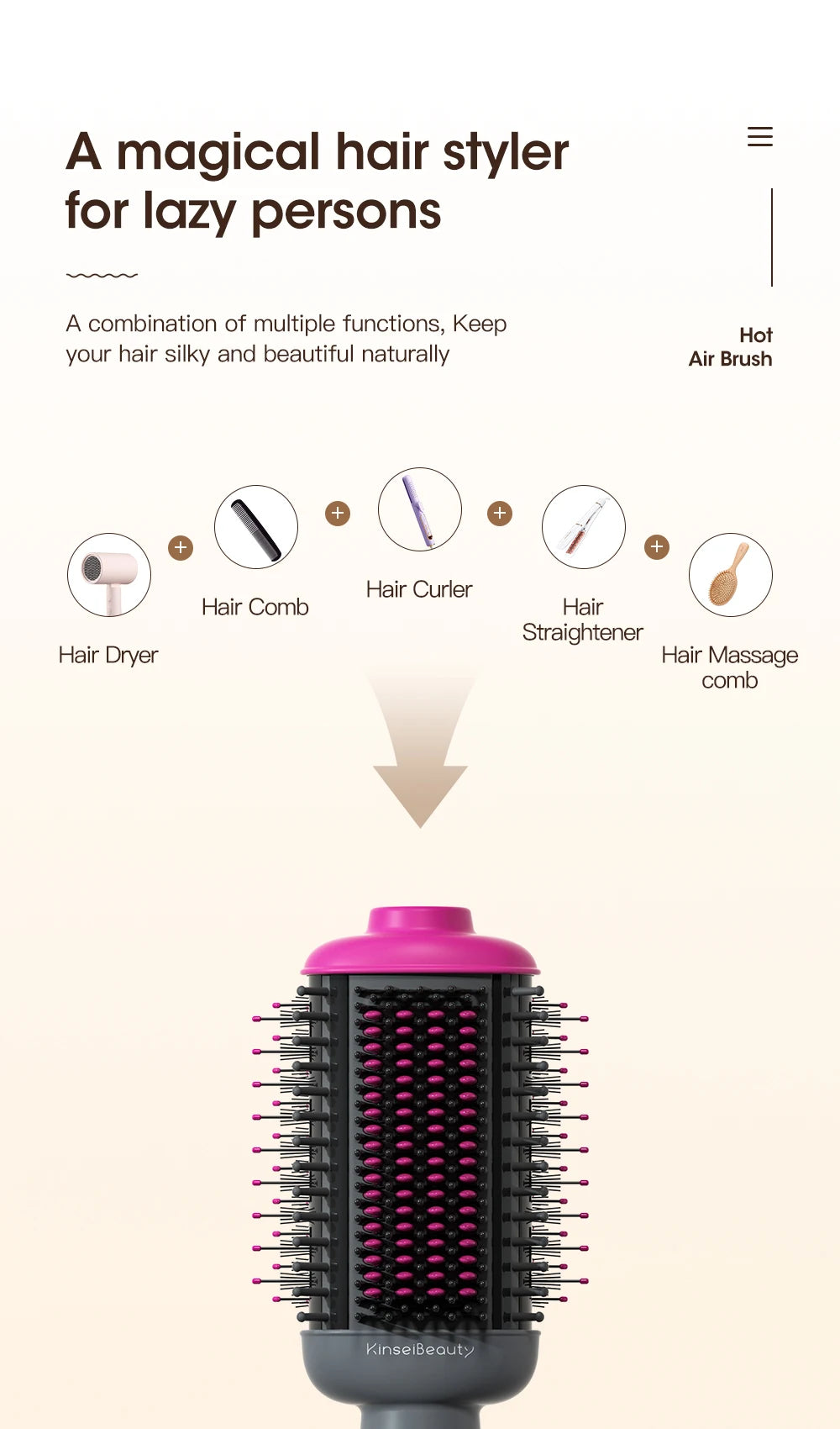 Kinseibeauty 5-in-1 hot air brush: pink and grey professional hair styler, dryer, curler, and straightener combo.