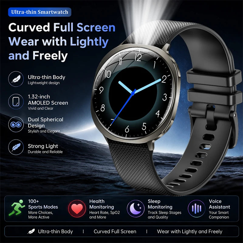 New Smart Watch Tracking Fitness Voice Assistant IP68 Waterproof Flashlight Health Round Curved Screen  Smartwatch Men Women