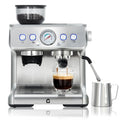 Gevi stainless steel espresso machine with integrated grinder, pressure gauge, and milk frothing pitcher.