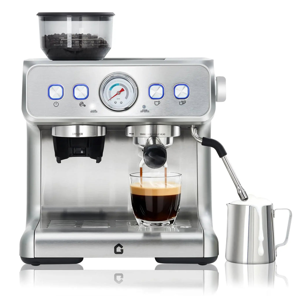 Gevi stainless steel espresso machine with integrated grinder, pressure gauge, and milk frothing wand pouring coffee.