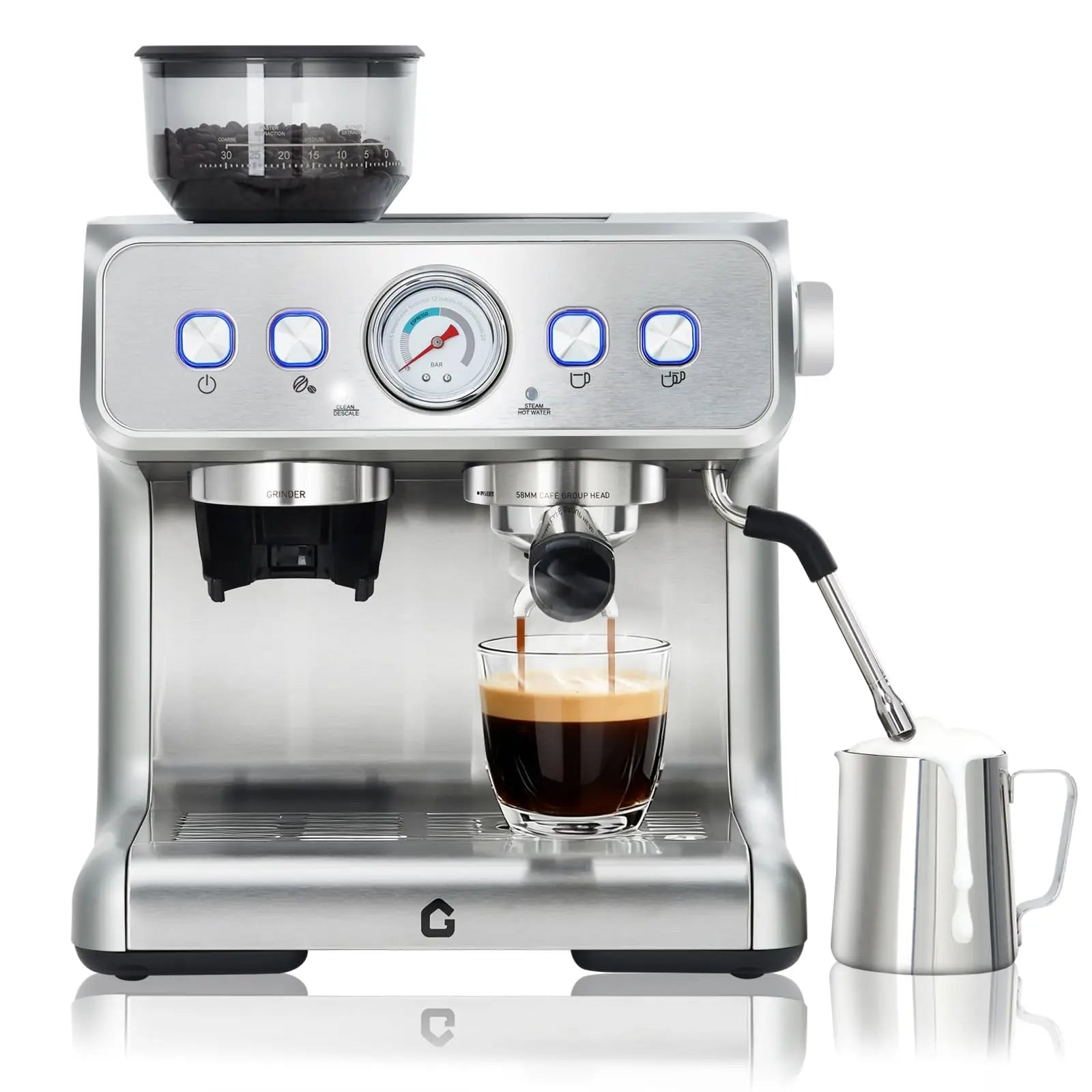 Gevi stainless steel espresso machine with integrated grinder, pressure gauge, and milk frothing wand pouring coffee.