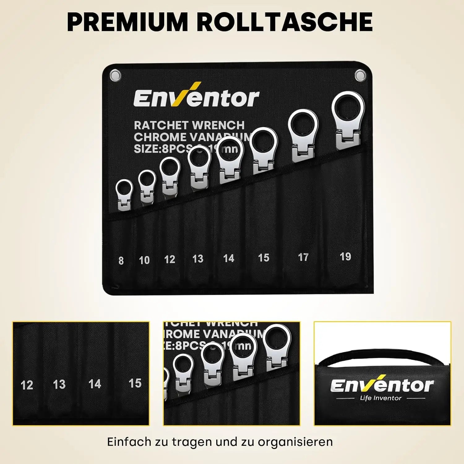 Enventor 8-Piece Flexible Ratchet Key Set, Fork Key Set, 72 Teeth, in Storage Bag, Chrome-Vanadium Steel, 8–19 mm, for Electricians, Car Repairs, Furniture Assembly