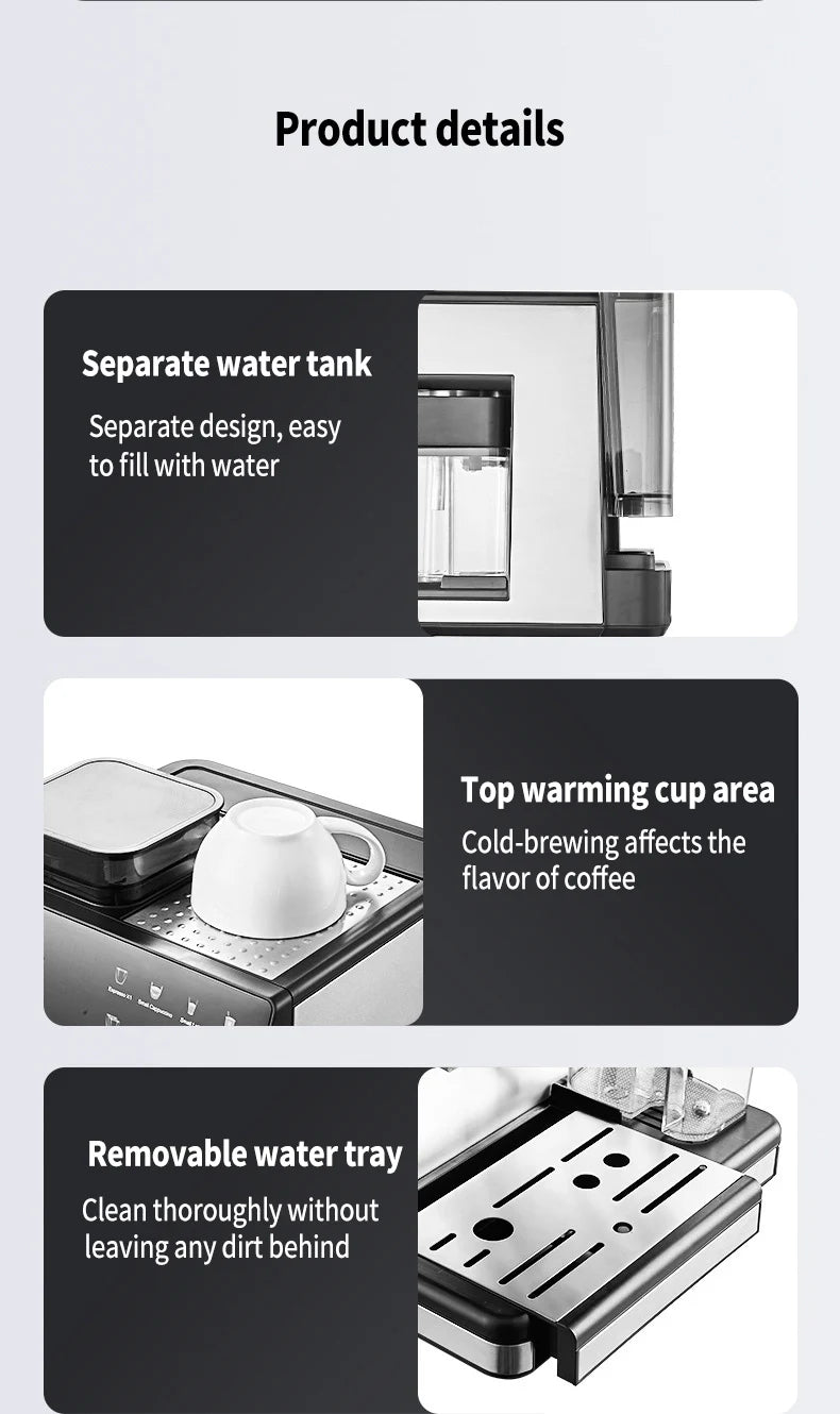 Silver stainless steel espresso machine showing removable water tank, cup warmer, and detachable drip tray features.