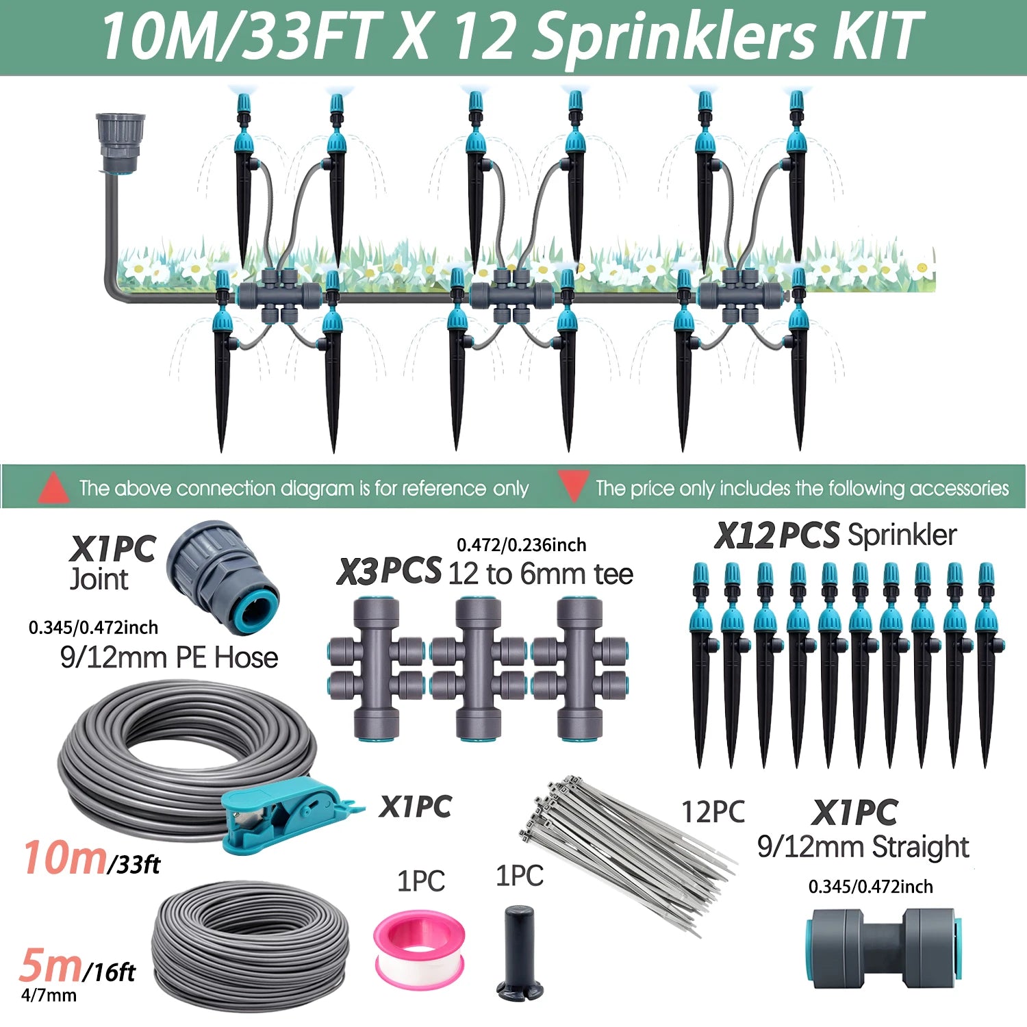 10m sprinkler kit set with 9/12mm PE hose, teal tee connectors, and spike sprinklers