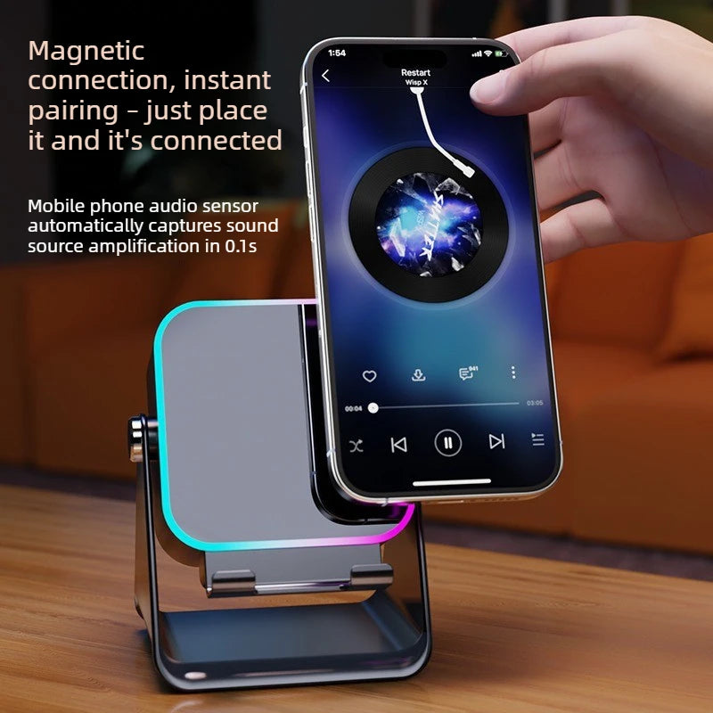 NEW 5 in 1 Auto-induction Wireless Induction Speaker 8 Mode RGB Light Phone Stand Surround Sound Portable Bluetooth Phone Holder