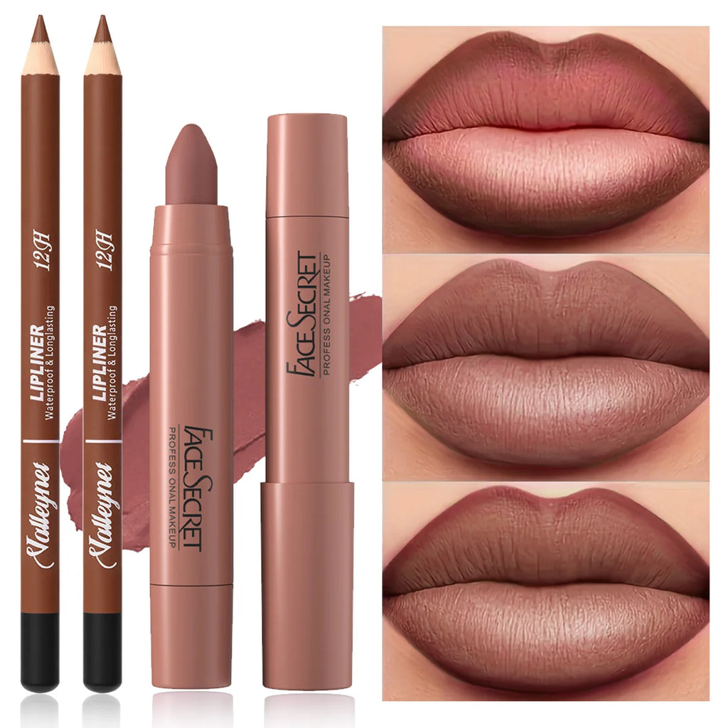 2-piece matte lipstick and waterproof lip liner combo in a neutral nude shade with smooth, velvet texture.