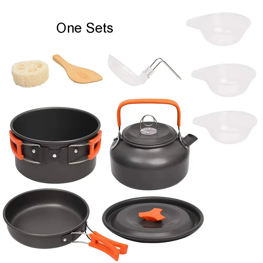 Aluminum alloy camping cookware set with kettle, nesting pots, and small white bowls