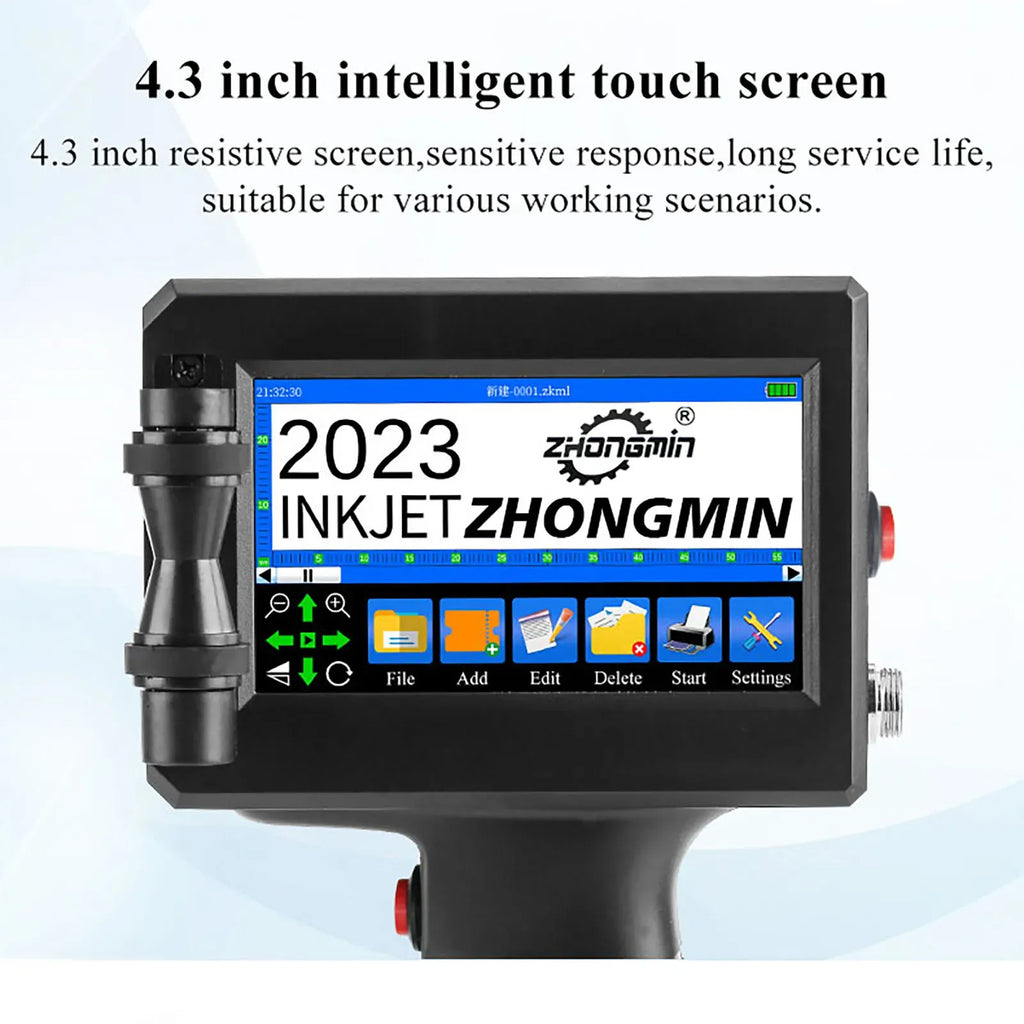 Handheld inkjet printer with 4.3-inch touchscreen showing inkjet menu and preview