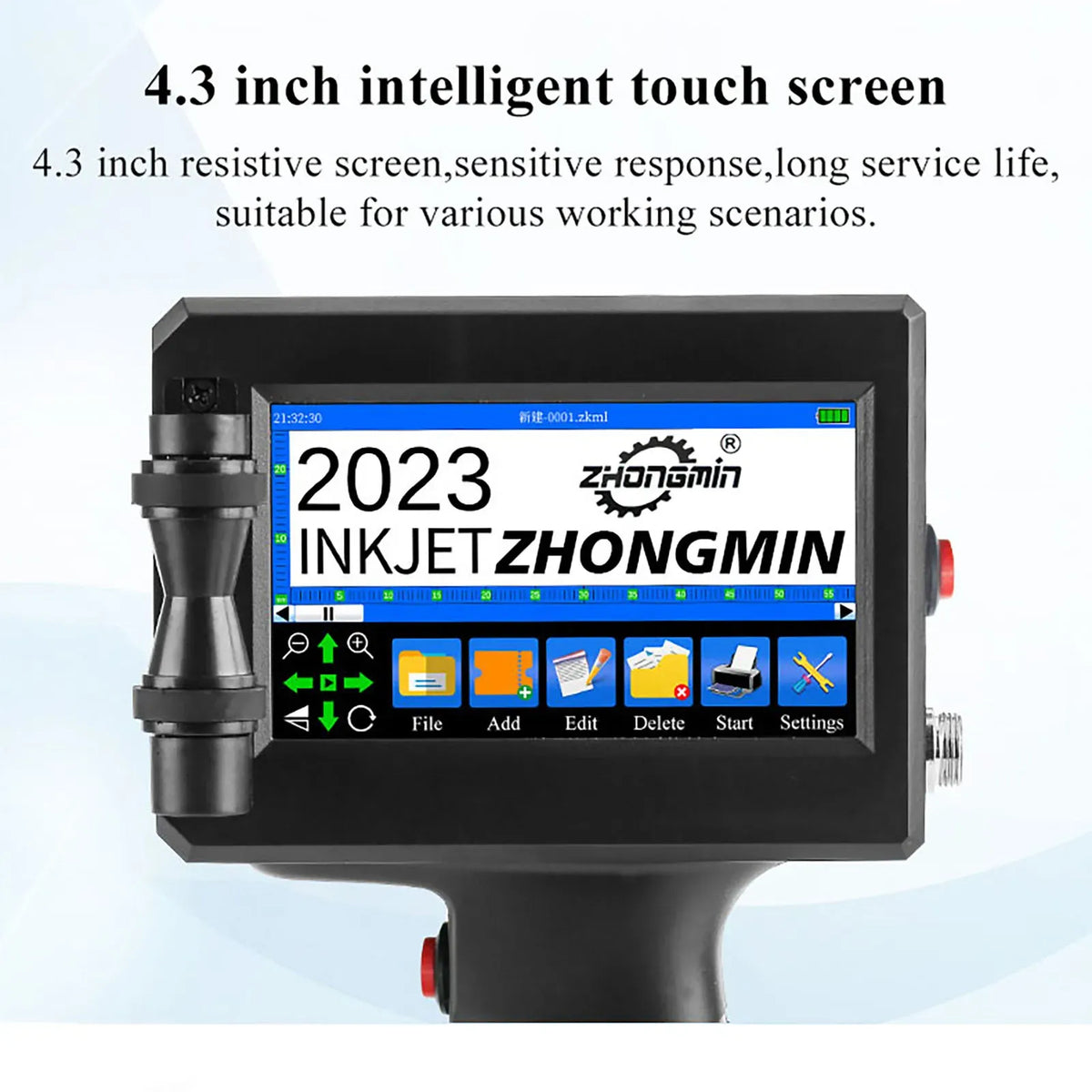 Handheld inkjet printer with 4.3-inch touchscreen showing inkjet menu and preview
