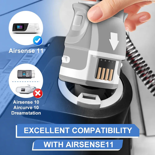 Grey CPAP hose connector for sleep apnea therapy, compatible with ResMed AirSense 11 machines.