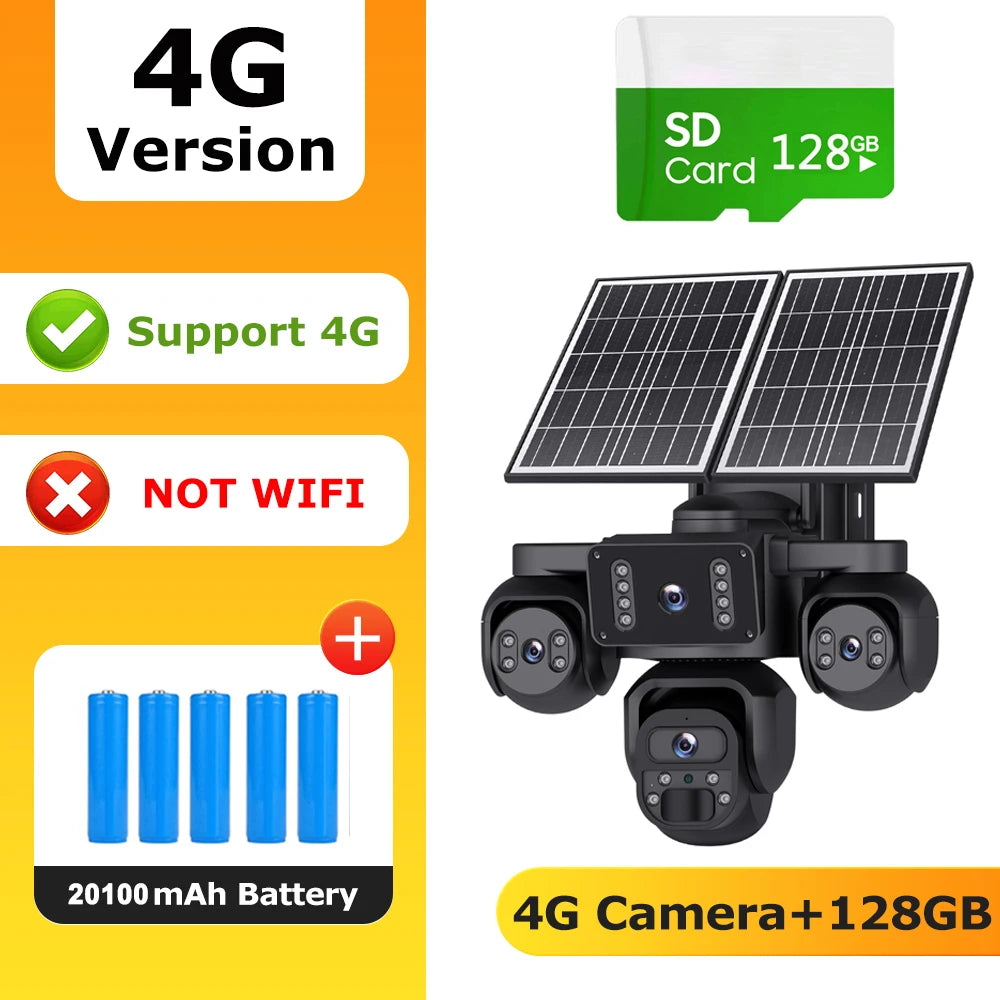 4G solar security camera with SD card 128GB and multi-lens turret housing