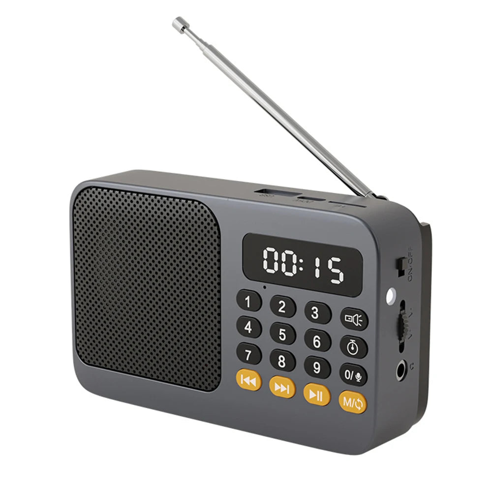 Portable FM radio speaker with keypad, antenna, and digital display, dark gray