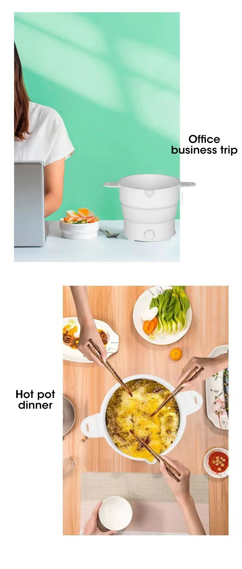 Foldable electric hot pot kettle, white silicone pot with lid and side handles