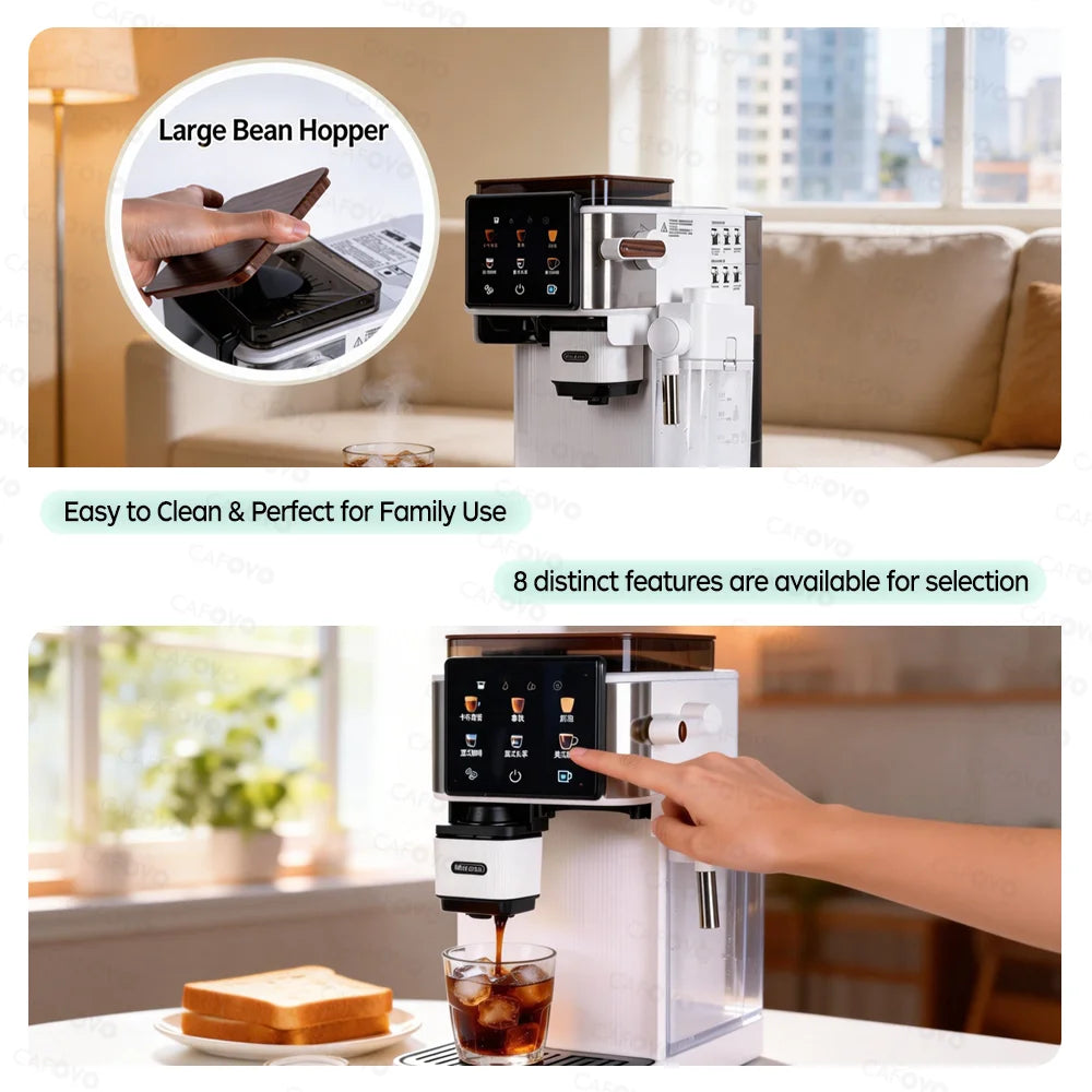Cafovo white automatic espresso machine with large bean hopper, touchscreen display, and built-in milk frother.
