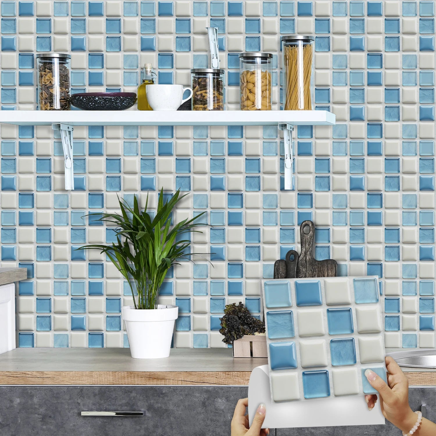 10pcs Flat Mosaic Tiles Sticker Set Kitchen Bathroom Wall Decals Gloss Waterproof Film 2D Surface Cover Transfers for Home Decor