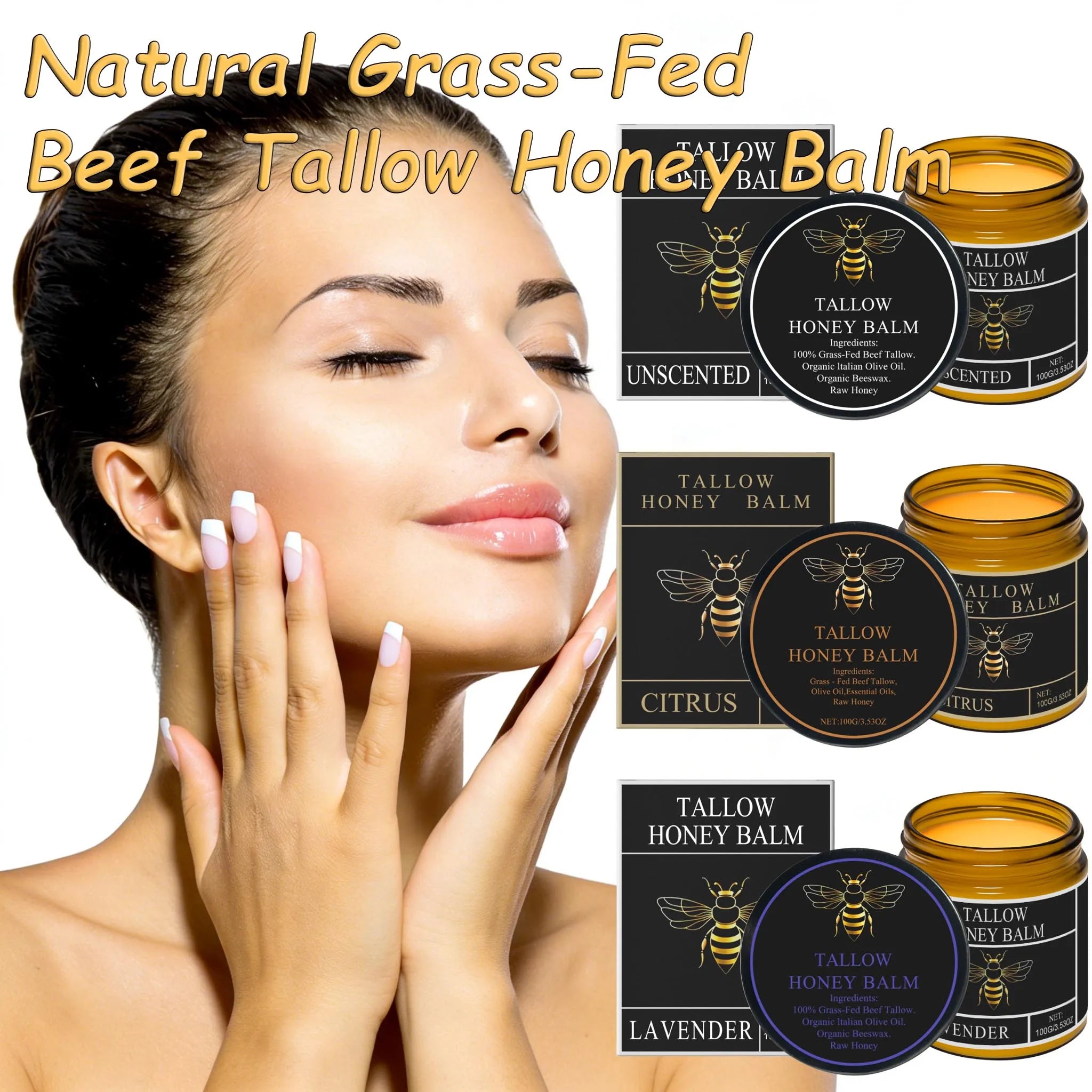 3Designs Natural Grass Fed Beef Tallow Honey Balm Lasting Hydrating Skin Improve Elasticity Korean Face Body Moisturizer Lotion