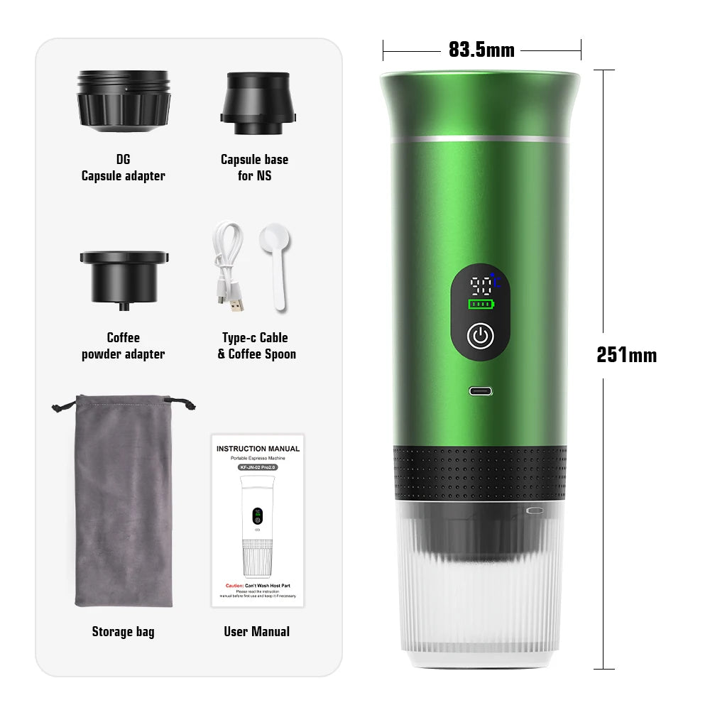 Green portable espresso maker with adapters, Type-C cable, and storage bag. 251mm height, digital display coffee machine.