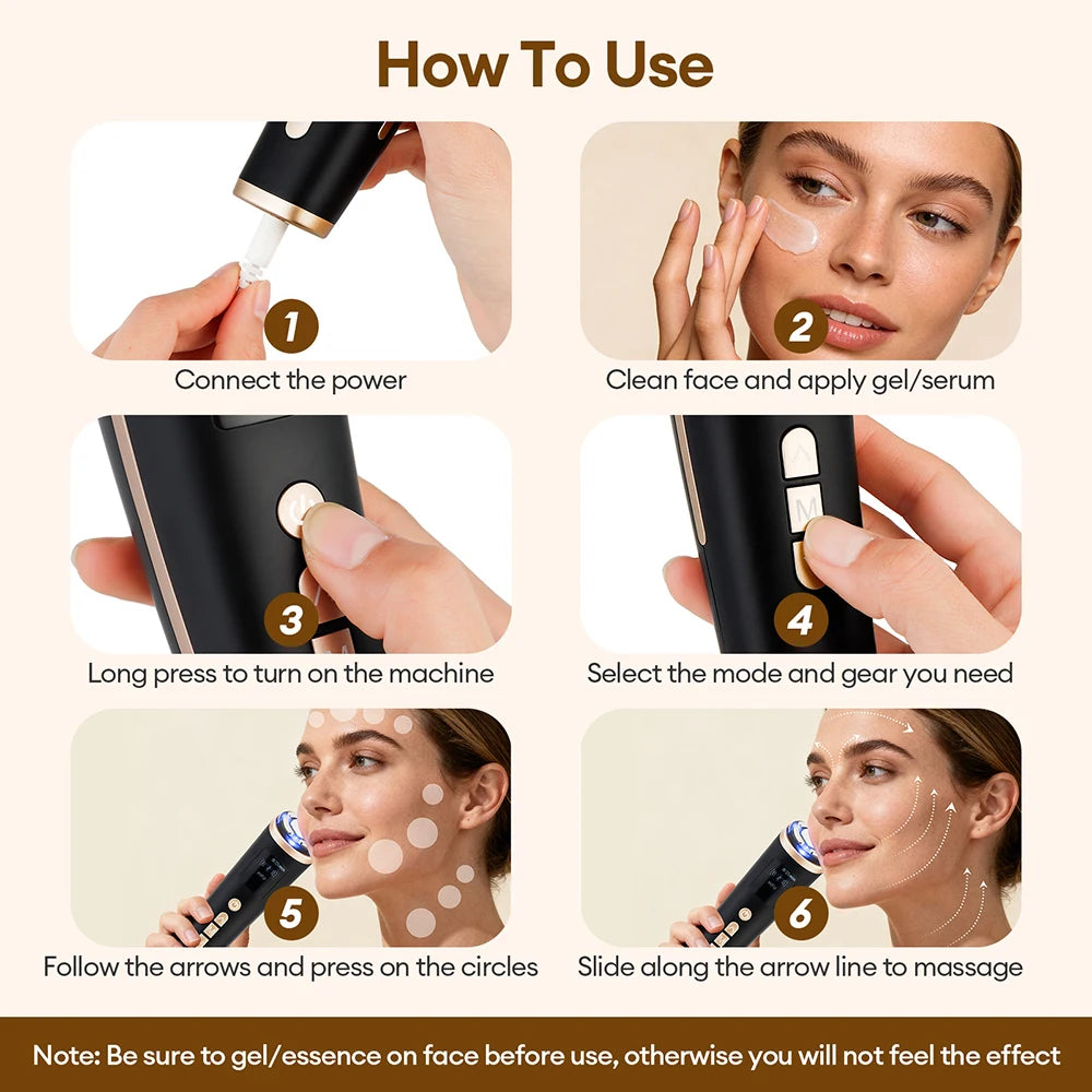 Six-step instructional graphic showing how to use a black and gold handheld mini HIFU facial lifting device.