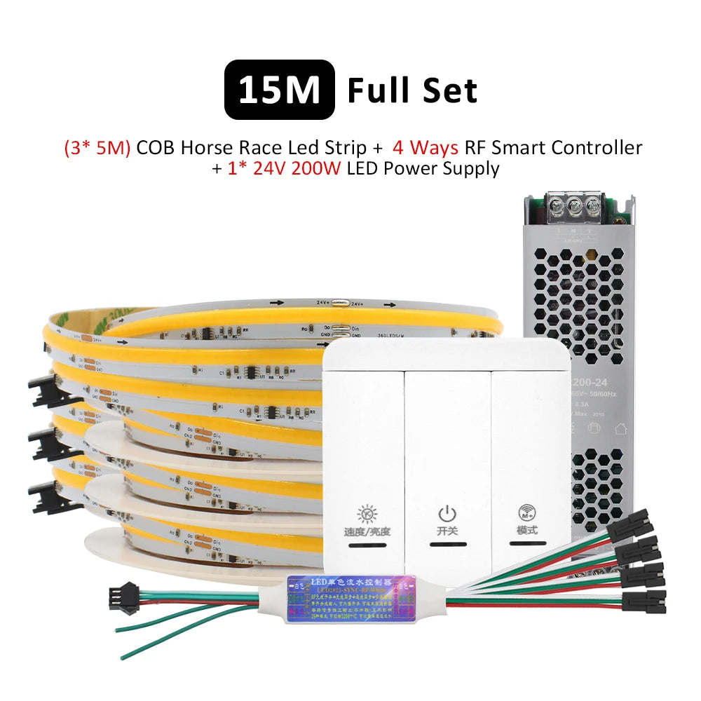 15M COB LED strip light full set with RF smart controller and 24V 200W power supply