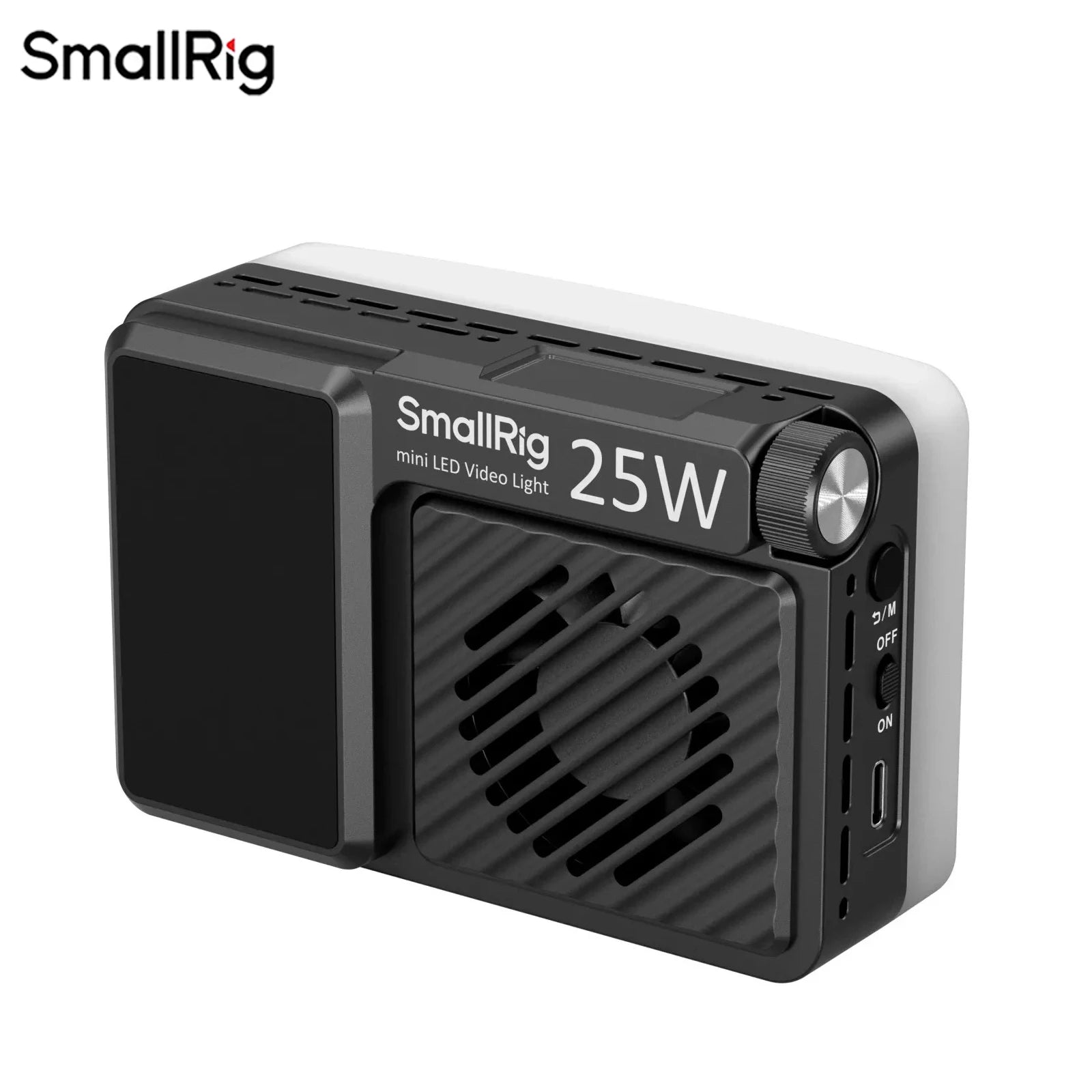 Black and white 25W mini LED video light with a rectangular frame, cooling vents, dial control, and side power ports.