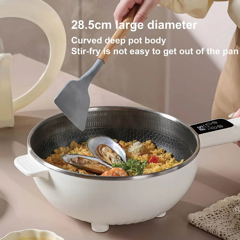 Electric cooking pot with large curved rim and dark nonstick interior, cooking rice and seafood