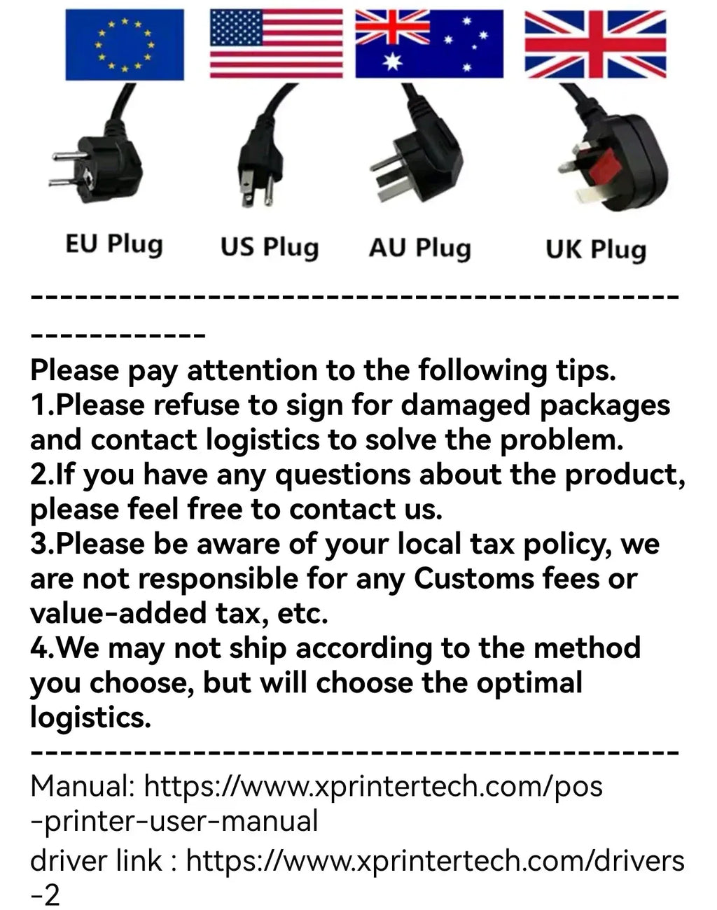 Printer power plug options for EU, US, AU, and UK with shipping instruction text