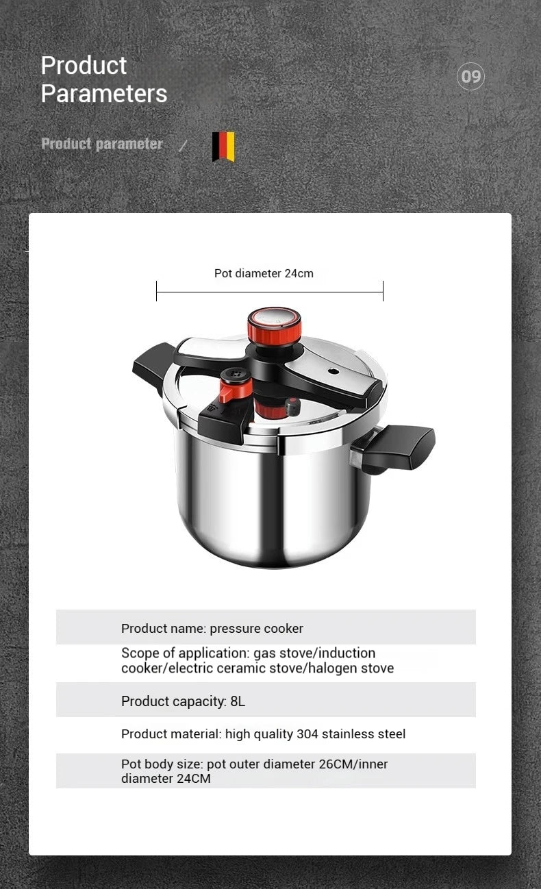 12L stainless steel pressure cooker with black handles and red safety valve on lid