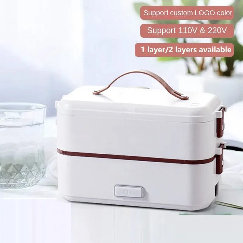 Portable electric heating lunch box, white with brown handle and latch accents.