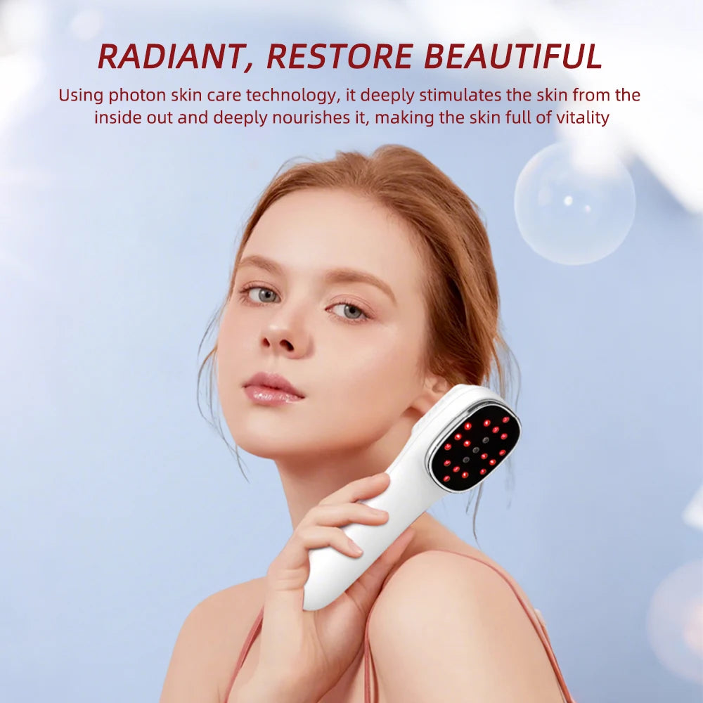 A woman holds a white handheld beauty device with a circular head featuring multiple glowing red light diodes.