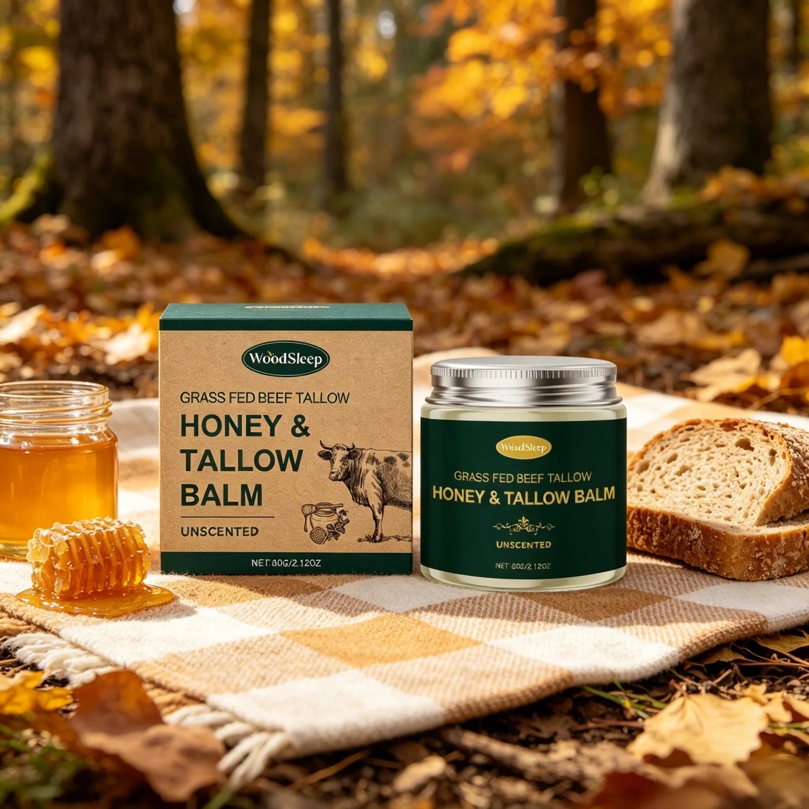 Woodsleep Organic Grass Fed Beef Tallow Balm Unscented Facial Rejuvenation Cream Deep Hydration Lifting Face Care Honey Extract